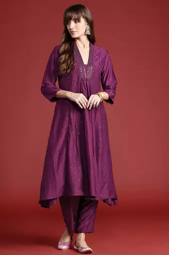 Embroidered Panelled Sequinned Kurta with Trousers