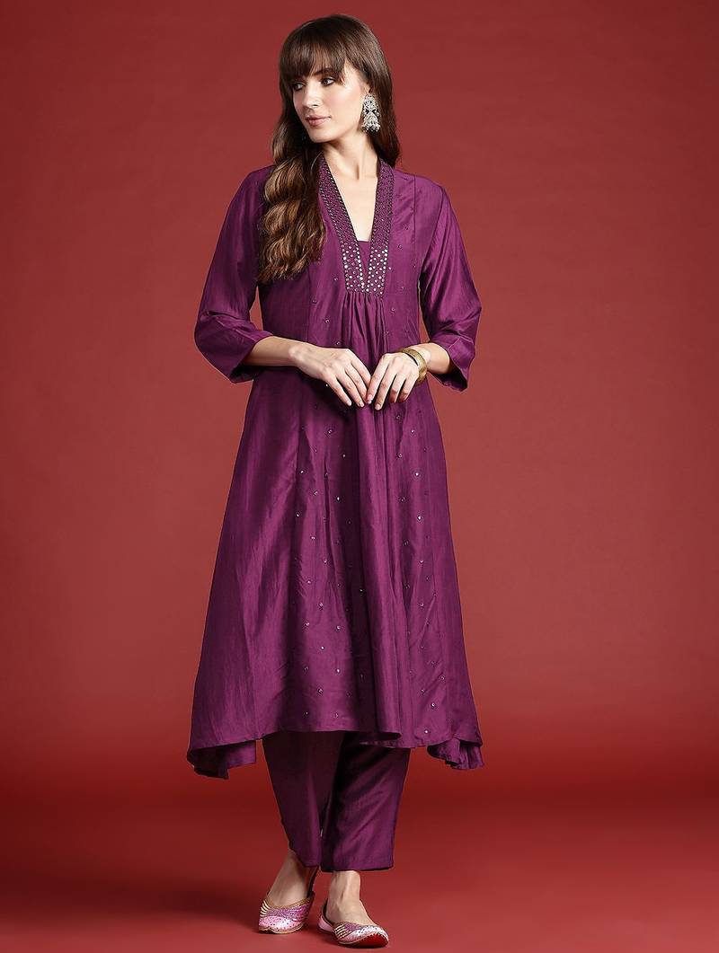 Embroidered Panelled Sequinned Kurta with Trousers