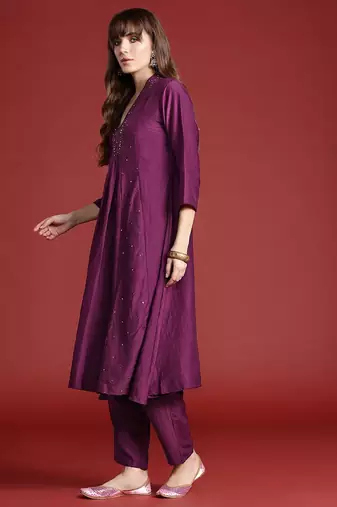 Embroidered Panelled Sequinned Kurta with Trousers
