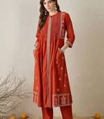 Women Ethnic Motifs Embroidered A-Line Cotton Kurta With Trousers