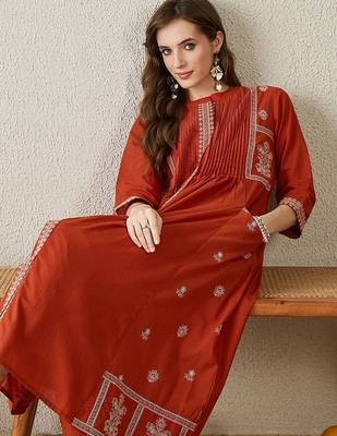 Women Ethnic Motifs Embroidered A-Line Cotton Kurta With Trousers 6