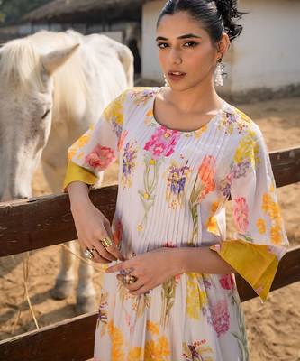 Floral Printed Round Neck Pleated Pure Cotton A-Line Kurta With Trouser 1