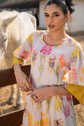 Floral Printed Round Neck Pleated Pure Cotton A-Line Kurta With Trouser