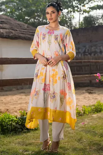 Floral Printed Round Neck Pleated Pure Cotton A-Line Kurta With Trouser