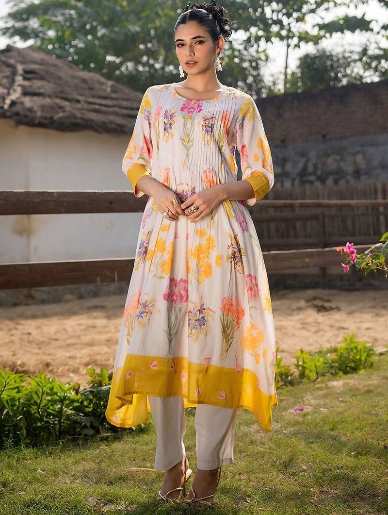 Floral Printed Round Neck Pleated Pure Cotton A-Line Kurta With Trouser