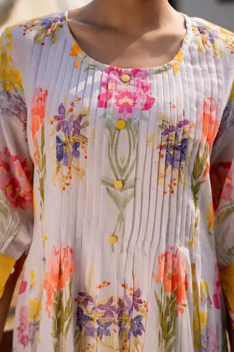 Floral Printed Round Neck Pleated Pure Cotton A-Line Kurta With Trouser