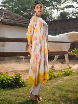 Floral Printed Round Neck Pleated Pure Cotton A-Line Kurta With Trouser 4