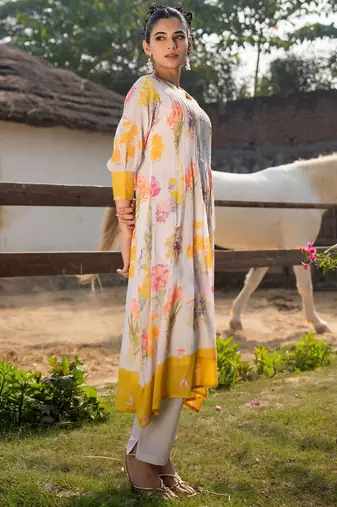 Floral Printed Round Neck Pleated Pure Cotton A-Line Kurta With Trouser