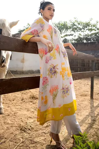 Floral Printed Round Neck Pleated Pure Cotton A-Line Kurta With Trouser