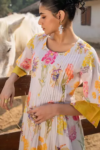 Floral Printed Round Neck Pleated Pure Cotton A-Line Kurta With Trouser