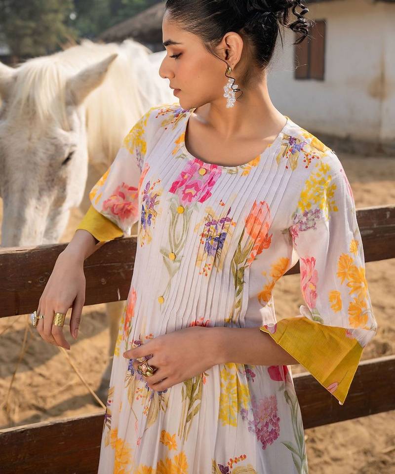 Floral Printed Round Neck Pleated Pure Cotton A-Line Kurta With Trouser