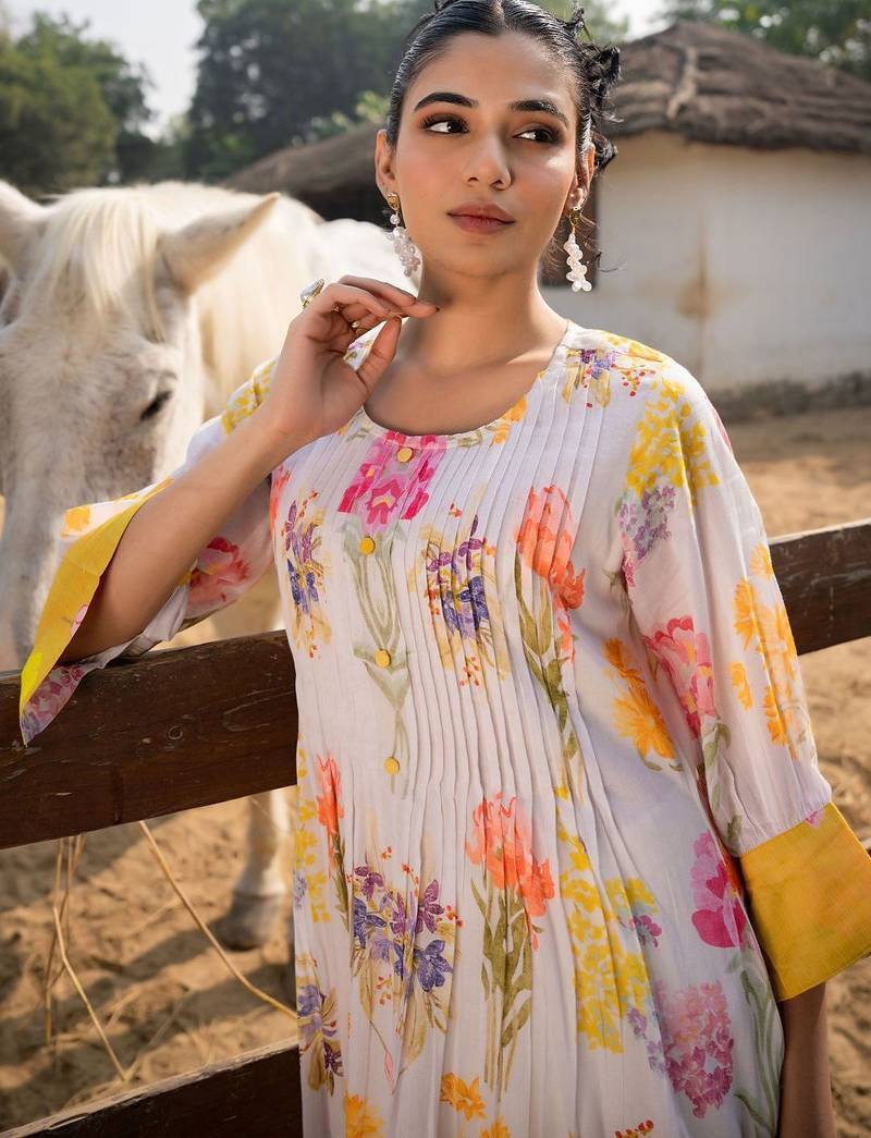 Floral Printed Round Neck Pleated Pure Cotton A-Line Kurta With Trouser