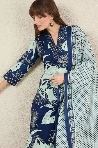 Women Floral Printed Cotton Kurta with Trousers & Dupatta