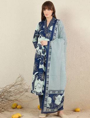 Women Floral Printed Cotton Kurta with Trousers & Dupatta 2