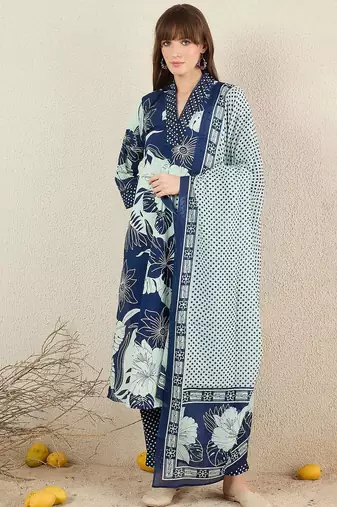 Women Floral Printed Cotton Kurta with Trousers & Dupatta