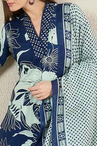 Women Floral Printed Cotton Kurta with Trousers & Dupatta