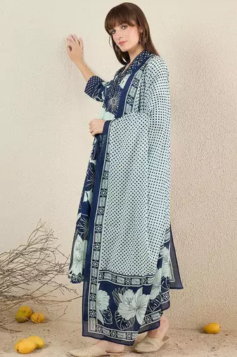 Women Floral Printed Cotton Kurta with Trousers & Dupatta