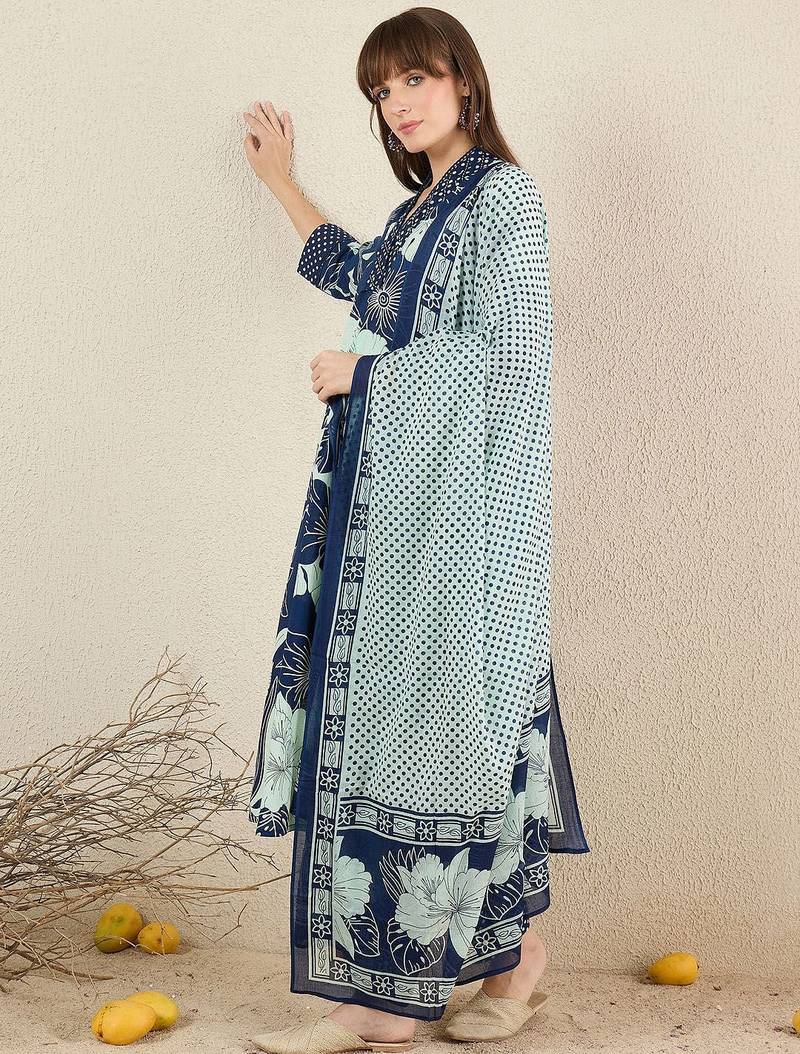 Women Floral Printed Cotton Kurta with Trousers & Dupatta