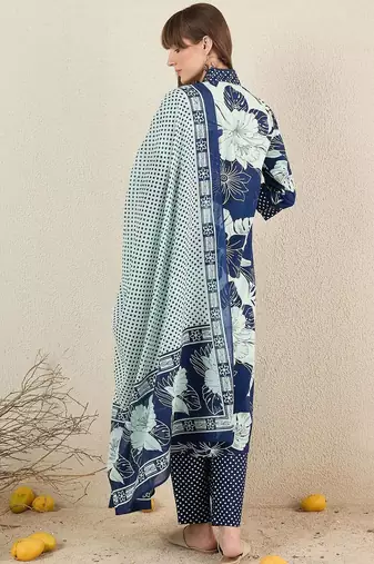 Women Floral Printed Cotton Kurta with Trousers & Dupatta