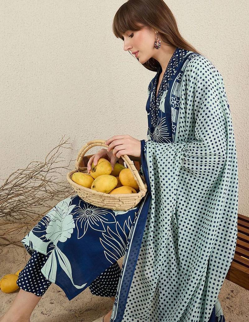 Women Floral Printed Cotton Kurta with Trousers & Dupatta