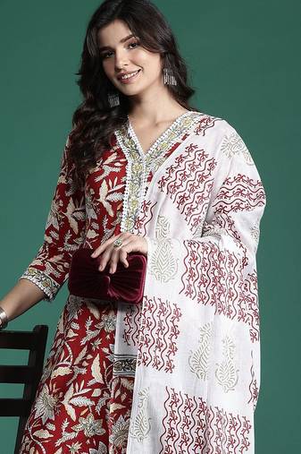 Floral Printed  Cotton Kurta With Trousers & Dupatta