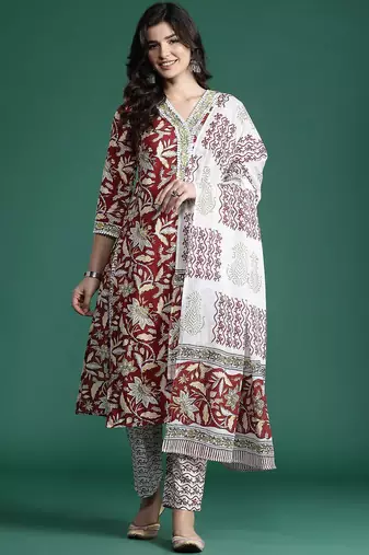 Floral Printed Pure Cotton Kurta With Trousers & Dupatta