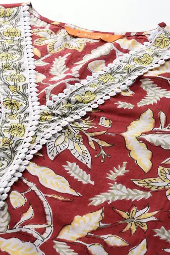 Floral Printed Pure Cotton Kurta With Trousers & Dupatta