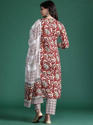 Floral Printed Pure Cotton Kurta With Trousers & Dupatta 6