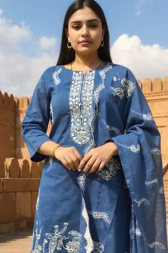 Floral Embroidered Thread Work Pure Cotton Straight Kurta & Trousers With Dupatta