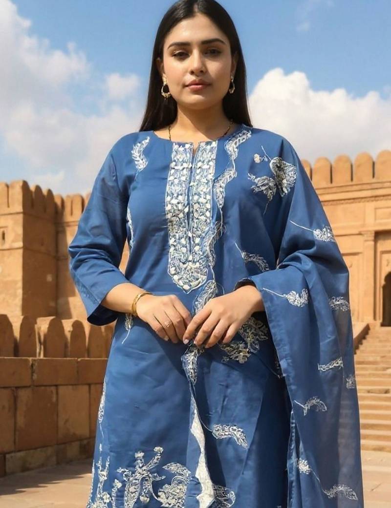 Floral Embroidered Thread Work Pure Cotton Straight Kurta & Trousers With Dupatta