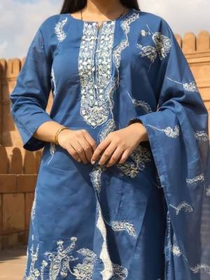 Floral Embroidered Thread Work Pure Cotton Straight Kurta & Trousers With Dupatta 2