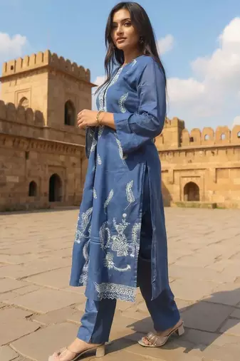 Floral Embroidered Thread Work Pure Cotton Straight Kurta & Trousers With Dupatta