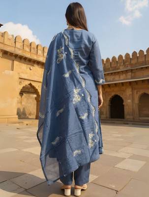 Floral Embroidered Thread Work Pure Cotton Straight Kurta & Trousers With Dupatta 4