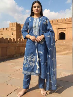 Floral Embroidered Thread Work Pure Cotton Straight Kurta & Trousers With Dupatta 5