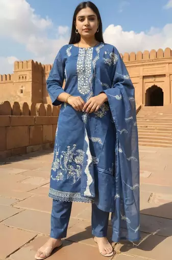 Floral Embroidered Thread Work Pure Cotton Straight Kurta & Trousers With Dupatta
