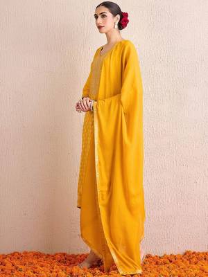 Women Ethnic Motifs Embroidered Regular Kurta with Trousers & With Dupatta 6