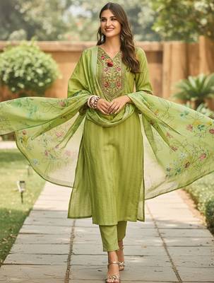 Ethnic Motifs Embroidered Thread Work Linen Kurta With Trousers & Dupatta 1