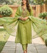 Ethnic Motifs Embroidered Thread Work Linen Kurta With Trousers & Dupatta