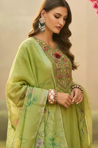 Ethnic Motifs Embroidered Thread Work Linen Kurta With Trousers & Dupatta