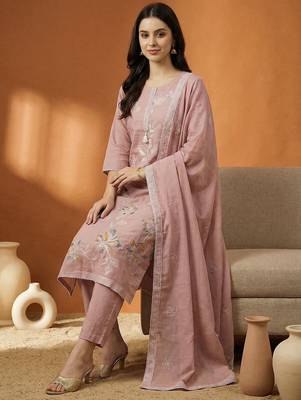Pink Embroidered Straight Kurta Trousers Dupatta Set Kurta Sets 1
