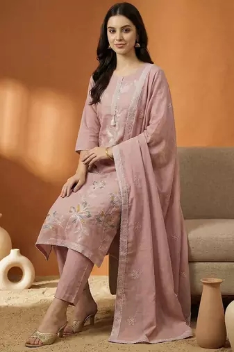 Pink Embroidered Straight Kurta Trousers Dupatta Set Kurta Sets