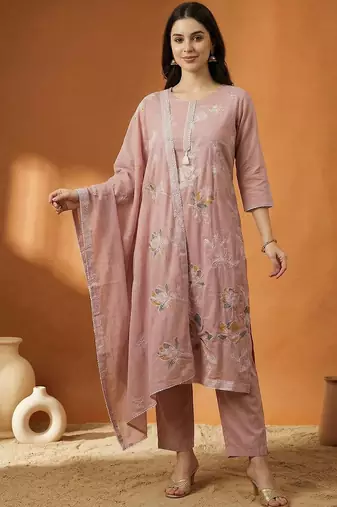 Pink Embroidered Straight Kurta Trousers Dupatta Set Kurta Sets