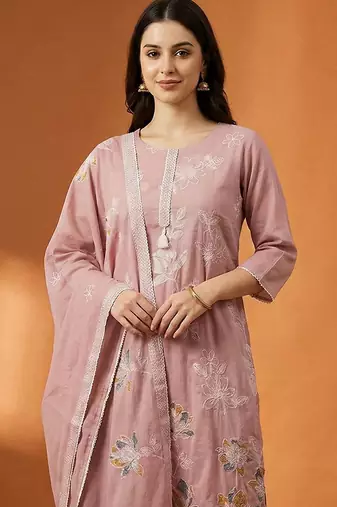 Pink Embroidered Straight Kurta Trousers Dupatta Set Kurta Sets