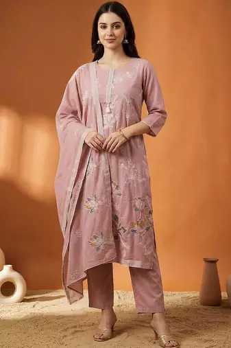 Pink Embroidered Straight Kurta Trousers Dupatta Set Kurta Sets