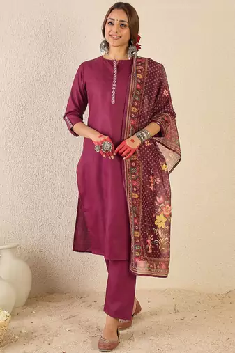 Women Ethnic Motifs Embroidered Regular Kurta with Trousers & Printed Dupatta