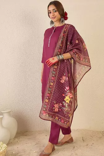 Women Ethnic Motifs Embroidered Regular Kurta with Trousers & Printed Dupatta