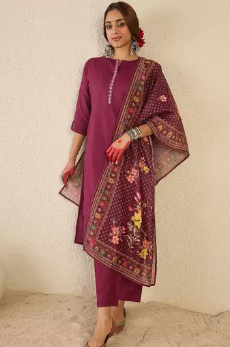 Women Ethnic Motifs Embroidered Regular Kurta with Trousers & Printed Dupatta