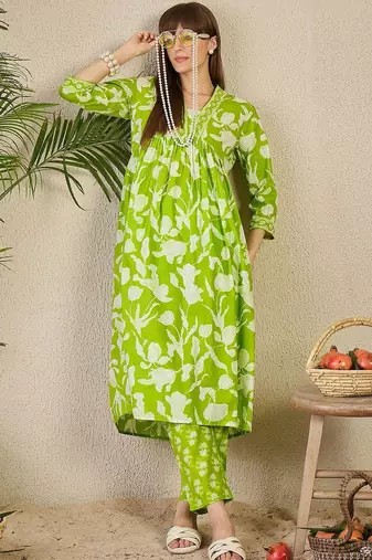 Floral Printed Empire Pure Cotton Kurta with Trousers