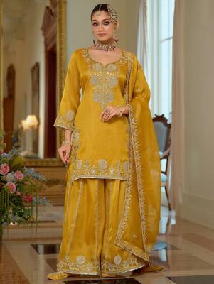 Women Ethnic Motifs Embroidered Regular Thread Work Kurta with Sharara & With Dupatta 1
