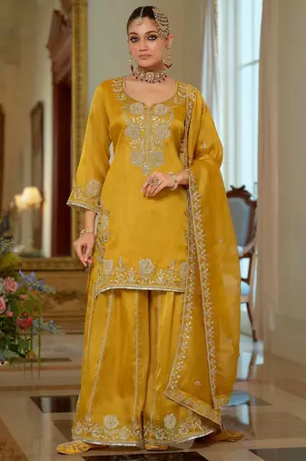 Women Ethnic Motifs Embroidered Regular Thread Work Kurta with Sharara & With Dupatta